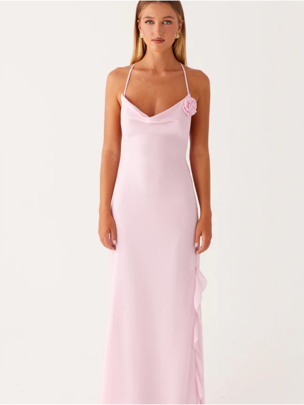 Peppermayo Pale Pink Slip Maxi Dress with Floral Applique